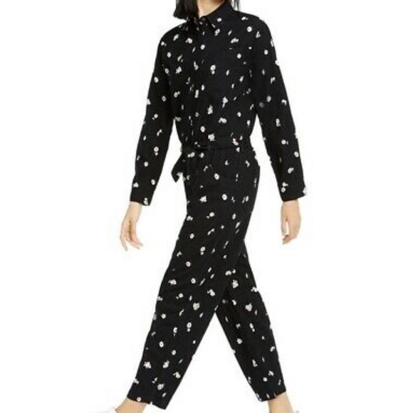 Logan Daisy Print Long Sleeve Cotton Jumpsuit In Black Multi - Picture 3 of 14